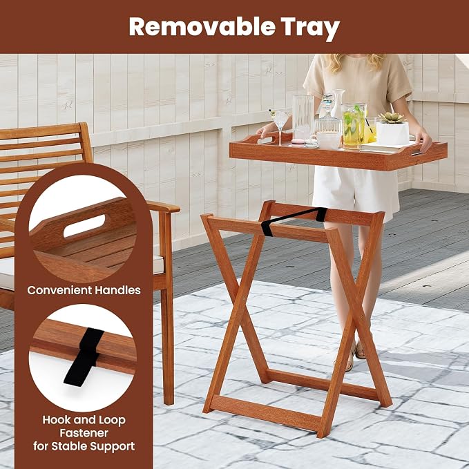 Giantex Outdoor Side Table, Wooden Folding Table with Removable Tray Top, Food Serving Tray with Stand for Patio, Porch, Garden, Backyard & Poolside