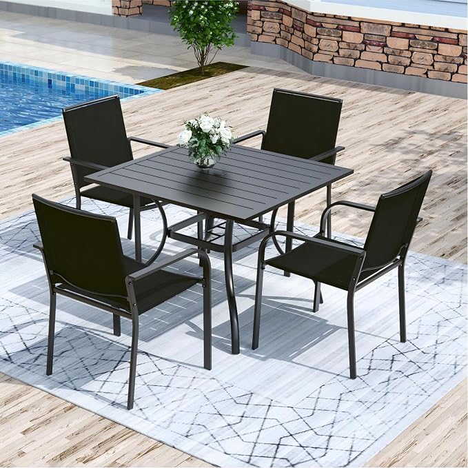 Anmutig 5 Piece Patio Dining Set, Outdoor Black Stackable Chairs and 35" Square Metal Patio Table with 1.57" Umbrella Hole for Garden Backyard Deck, Black
