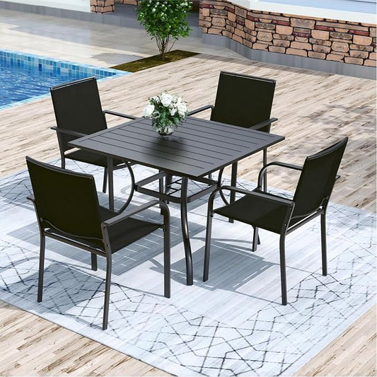 Anmutig 5 Piece Patio Dining Set, Outdoor Black Stackable Chairs and 35" Square Metal Patio Table with 1.57" Umbrella Hole for Garden Backyard Deck, Black