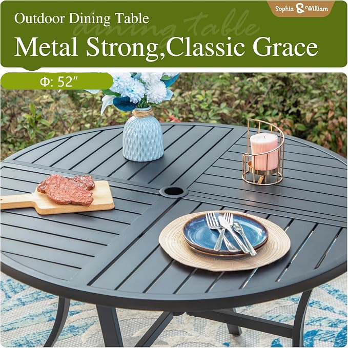 Sophia & William Round Patio Dining Set for 6 with Aluminum Chairs, Grey | Metal table, Stackable sling chairs, Breathable & quick-drying, Light-weight & space-saving, Umbrella Hole, Outdoor, 7 piece
