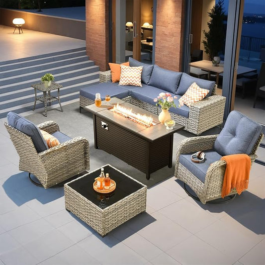 Outdoor Sectional Patio Furniture Set with Fire Pit Table,8 Pieces Wicker Conversation Sets L Shaped Couch,Extra Deep Out Door Sofa Outside Furniture with Swivel Chairs,Blue