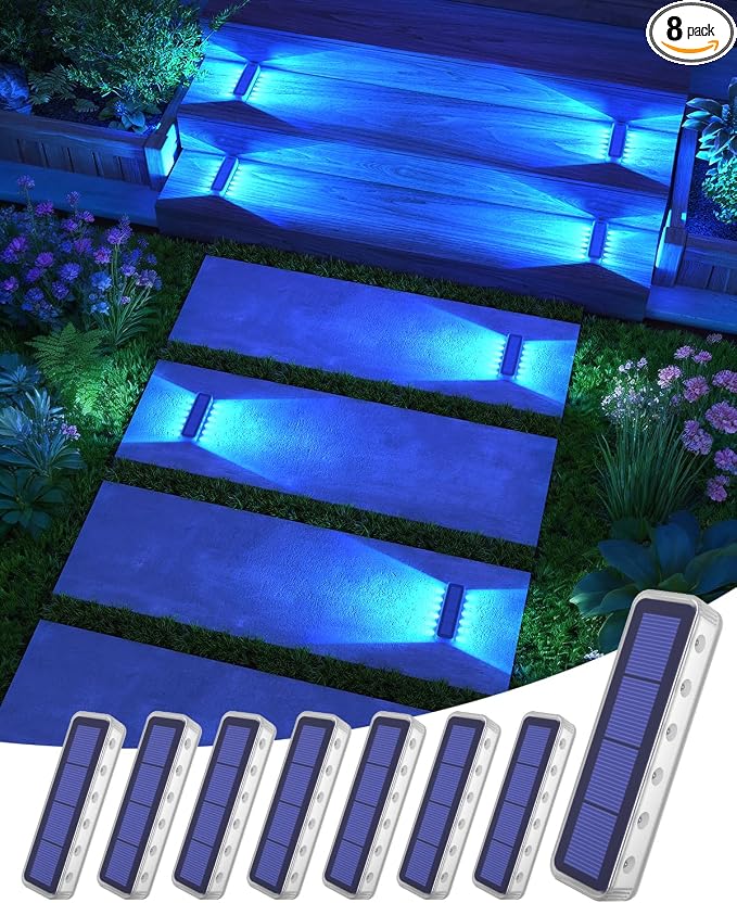 DetarZinLED Blue Solar Step Lights, 12 LEDs 2-Sided Glow, IP68, 8 Pack | IP68 Waterproof, Solar Powered, Auto ON/OFF, Stick on, Sturdy Polycarbonate Shell, for Outdoor Dock, Deck, Flat, Stair, Porch