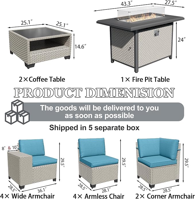 13-Piece Outdoor Patio Furniture Set with Fire Pit, Modular Sectional Sofa Set with Glass Coffee Table and Cushions, Wicker Outdoor Couch Conversation Sets, Turquoise