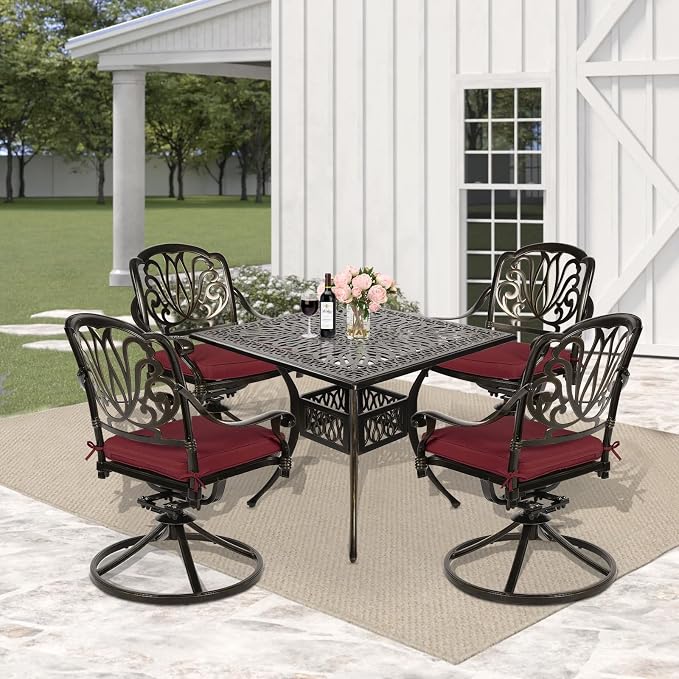 5 Piece Patio Dining Set, Outdoor Table and Chairs Set for 4 Cushioned Swivel Rocking Chairs and 35.4'' Square Table, All-Weather Cast Aluminum Patio Funiture Set, 2.2'' Umbrella Hole, Red