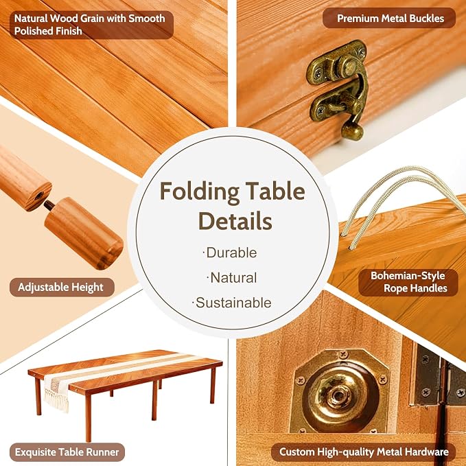 Adjustable Picnic Table with Table Runner, 60*30in Wooden Folding Picnic Table for Outdoors, Boho Low Coffee Table for Sitting on the Floor, Suitable for Beach, Park, Garden, Camping, Travel