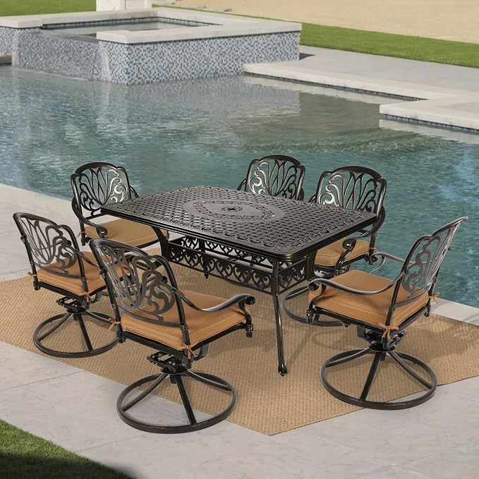 VIVIJASON 7-Piece Outdoor Furniture Dining Set, All-Weather Cast Aluminum Conversation Set Includes 6 Swivel Dining Chairs and a Rectangle Table with Umbrella Hole for Patio Garden Deck