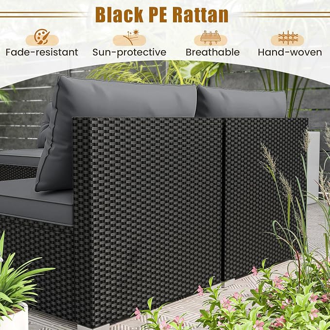 RELAX4LIFE 5-Piece Wicker Outdoor Furniture - PE Rattan Sectional Conversation Set w/4 Armless Sofas & Acacia Wood Coffee Table, Cushioned Patio Sofa Set for Garden Poolside Backyard Porch (Grey)