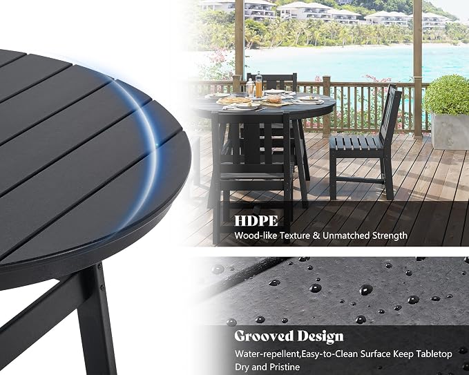 AMERLIFE 5 Piece HDPE Outdoor Dining Table & Chairs Set, All-Weather Patio Table and Chairs Set Furniture with Umbrella Hole for Garden, Backyard, Poolside, Seaside, Black