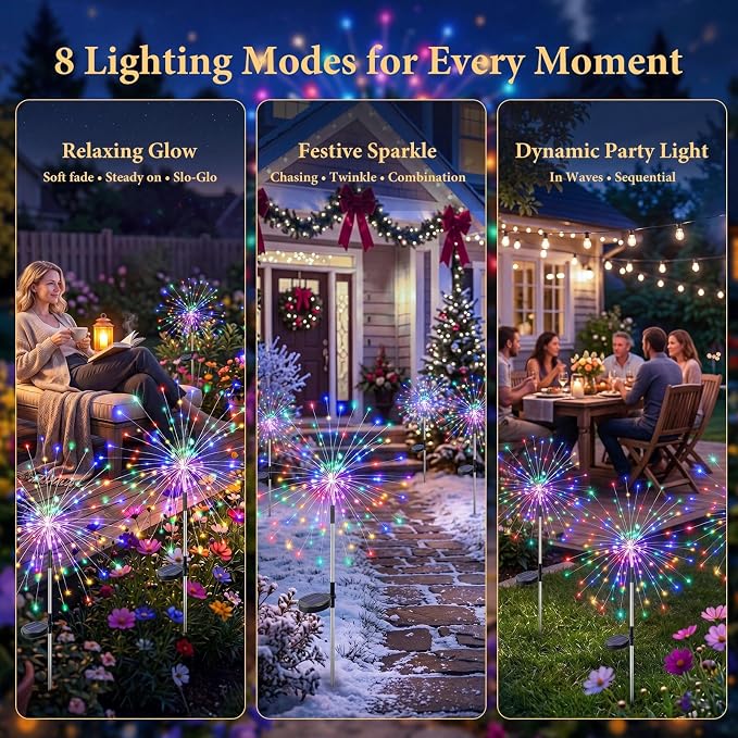 Solar Firework Lights Outdoor 4 Pack, 120LED Solar Starburst Garden Lights with 8 Modes, Waterproof Decorative Sparkle Light for Backyard, Garden, Patio Lawn Landscape & Halloween Decor