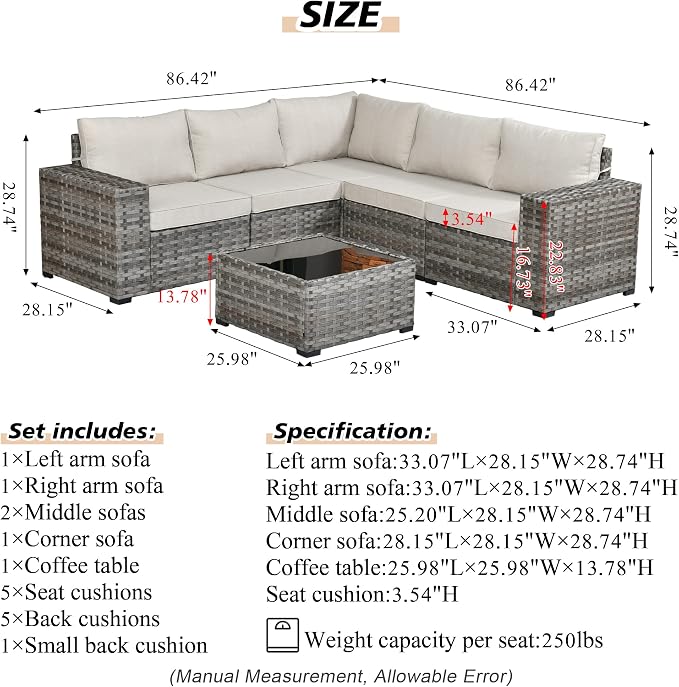HOOOWOOO Outdoor Patio Sectional Furniture Sofa Set with Widened Armrest,6 Piece Small Modern Wicker Couch,Modular L Shaped Conversation Seating Set with Table for Out Door Garden Corner(Beige Tan)
