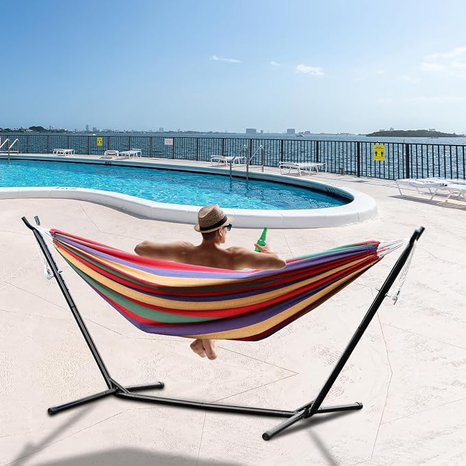 Worparsen Basics Double Hammock with Space Saving Metal Stand,Indoor Hammock Stand with Carrying Bag,Strong Load-Bearing,Striped Print,for Camping Garden Backyard Patio Indoor Outdoor Red