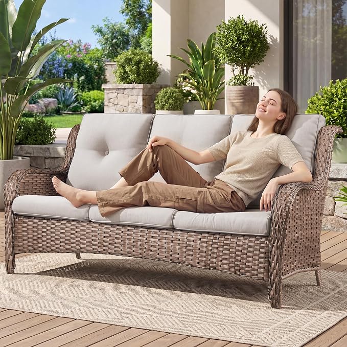 Belord Patio Sofa Luxury PE Wicker 3-Seater Outdoor Couch, Modern All-Weather High Back Deep Seat Woven Furniture Set for Porch, Deck, Balcony, Backyard - Yellow