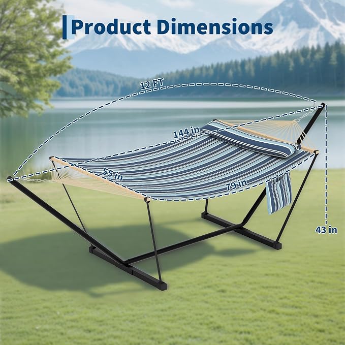 Double Hammock with Stand, 2 Person Heavy Duty Outdoor Hammock with 12FT Stand, Adjustable Steel Frame, Detachable Pillow, Carry Bag Included, 450lbs Capacity– Light-Navy Stripe