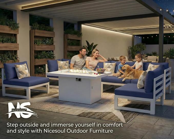 NICESOUL 9 Pcs Aluminum Patio Sectional Furniture Set with Chaise & Fire Pit Table, 500 lbs Heavy Duty Anti-Rust Outdoor Couch, 29" Deep Wide Seat, High End Conversation Sofa for Poolside, Navy Blue