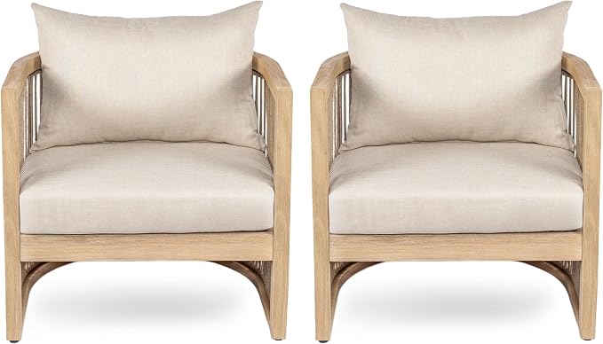 Christopher Knight Home Delbert Acacia Wood 4 Piece Patio Furniture Set, Wooden Patio Conversation Set with Club Chair+Coffee Table, 4-Seater Outdoor Loveseat Sofa Chair and Table Set, Natural+Beige