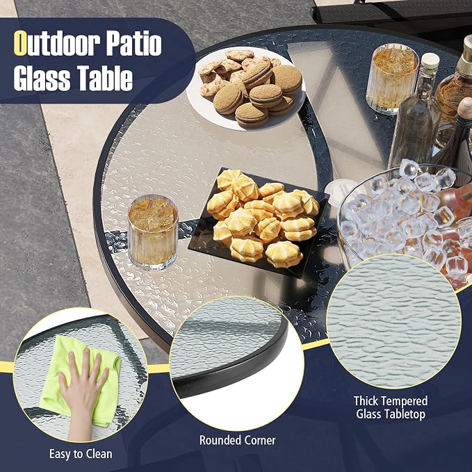 HAPPYGRILL Outdoor Bistro Table, 32" Patio Round Dining Table with Tempered Glass Tabletop & 2" Umbrella Hole, for Garden Backyard Poolside Porch
