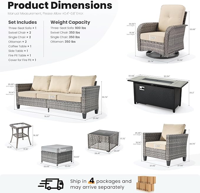 ovios 10 Pieces Patio Furniture Set, Outdoor Wicker Sofa Couch with Swivel Glider Chairs Solar Light Table Fire Pit, Modern Deep Seat Rattan Conversation Sets, Beige