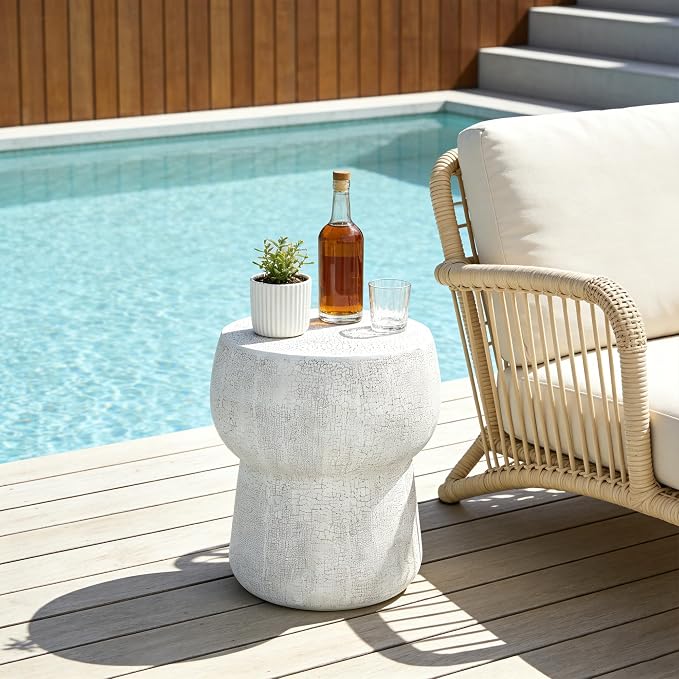 Outdoor Side Table Round Patio Concrete End Table Faux Stone Side Tables Travertine Small Coffee Tables for Outdoor, Garden Stool Plant Stand for Porch Backyard, 14.37" Mushroom Cement