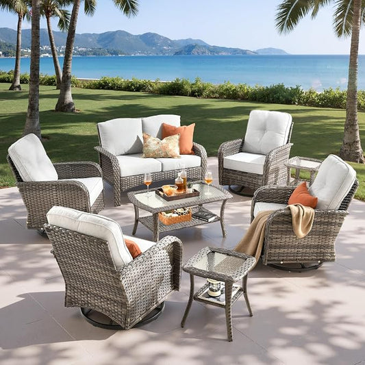 8-Piece Outdoor Patio Furniture Set with Swivel Chairs, Outdoor Conversation Wicker Sofa with Coffee Table, Rattan Couch for Deck Yard Poolside, Grey