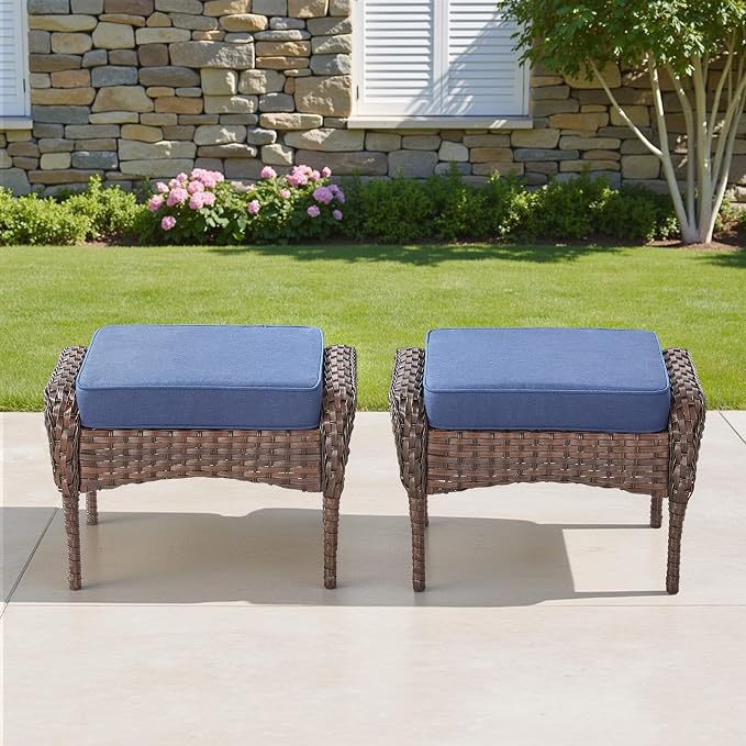 Outdoor Patio Ottomans Set of 2, Outdoor Wicker Footrest Seat with Removable Cushions, Patio Footrest Extra Seating for Deck Porch Sunroom Backyard, Blue