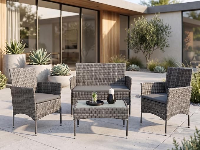 GIANGSUNNY 4 Piece Patio Furniture Set, Outdoor Hand-Woven Wicker Rattan Conversation Set with Double-Sided Tempered Glass Table, Weather-Resistant Seating for Patio, Balcony, Porch, Garden (Grey)