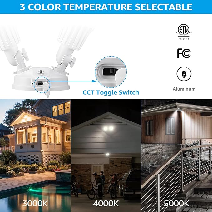 LEONLITE 3CCT Dusk to Dawn LED Security Lights with Photocell, White | Adjustable Dual-Head Flood Light Outdoor, 3000K/4000K/5000K Selectable, 25W(200W Equiv.), Wet Location, Aluminum, ETL Listed