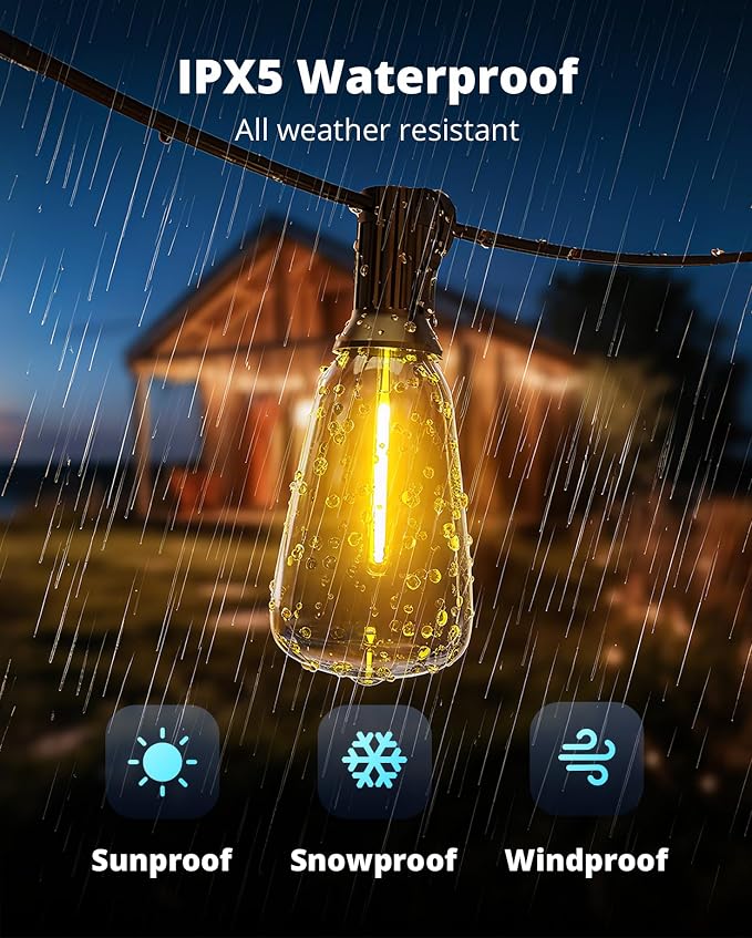 VIPAR Outdoor String Lights,25FT LED Patio Lights Waterproof 11 ST38 Bulbs | Shatterproof,Edison Outside Lights,Plug-In,2700K Dimmable, Connectable, Hanging Light for Porch Garden Backyard Deck Balcony