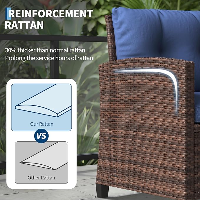 3 Piece Wicker Patio Furniture Set, Outdoor Rattan Chairs with Side Table, All-Weather Conversation Set with Cushions for Balcony, Porch, Backyard, Brown & Blue