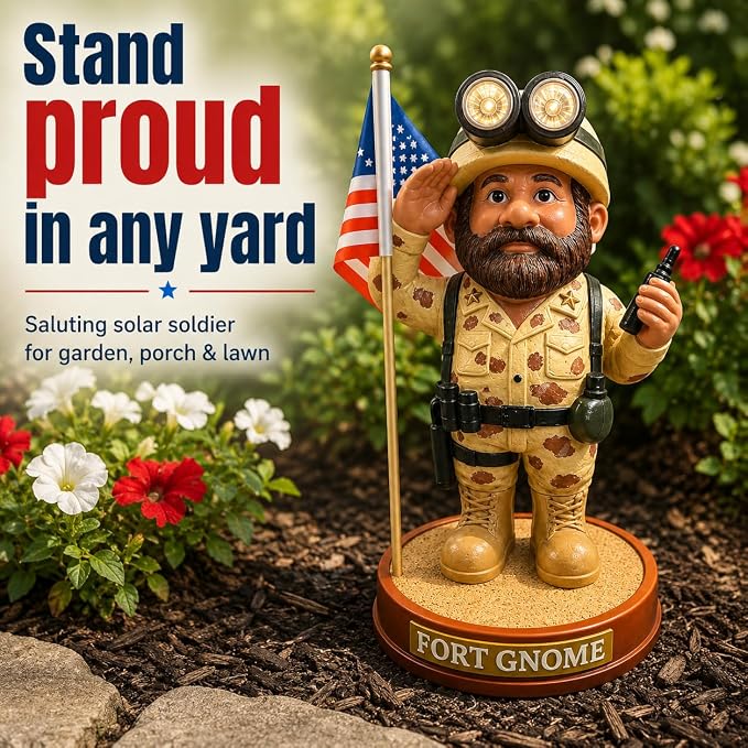 Military Garden Gnome Solar Statue – Patriotic Soldier Gnome | Memorial Day & 4th of July Outdoor Decor | Veteran Gift | Weatherproof Resin Garden Figure with American Flag for Yard & Lawn