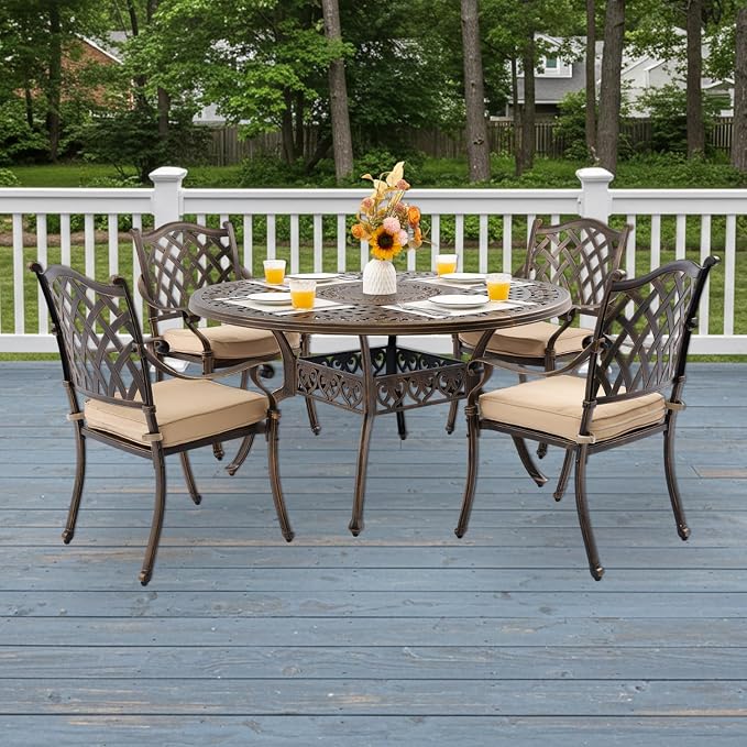 5-Pcs Cast Aluminum Patio Dining Set for 4, 54" Round Table,Bronze | Outdoor Furniture Set Include Dining Table and 4 Stackable Chairs with Cushions & Umbrella Hole