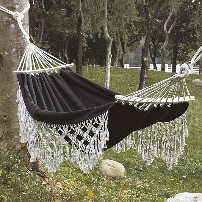 Double Hammock with Tassels, Cotton Canvas Portable Hanging Swing for Indoor Outdoor Use, 150kg Load Capacity, Ideal for Camping and Garden Relaxation