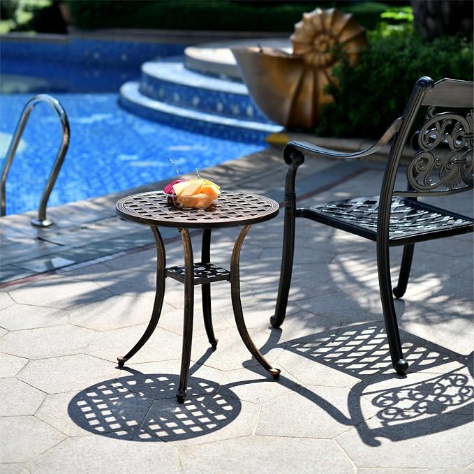 Outdoor 19" Cast Aluminum Round Side Table End Table for Patio, Backyard, Pool, Indoor Companion, Easy Maintenance and Weather Resistant, Bronze