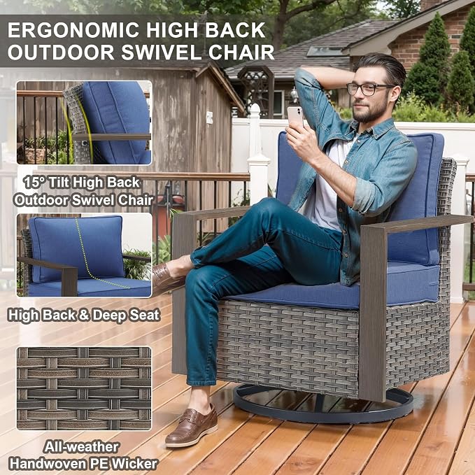 Belord 5 Piece Patio Furniture Set with Swivel Chairs, PE Wicker Patio Sofa Set Outdoor Swivel Rocker Patio Chairs with Anti-Rust Metal Wide Armrests for Deck Backyard Sunroom
