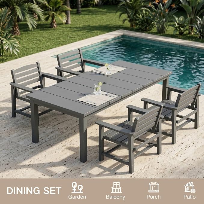 Kingdura 5 Piece Patio Dining Set for 4, 75.2'' HDPE Outdoor Dining Table Set with 2" Umbrella Hole, Weather-Resistant Outdoor Furniture, Table and Chairs Set for Backyard Pool Garden, Grey
