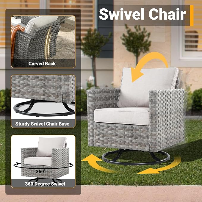CAODOC 16 Pieces Patio Furniture Conversation Set with 42" Fire Pit Table Rocking Chair Outdoor Sectional Gray Wicker Sofa Set
