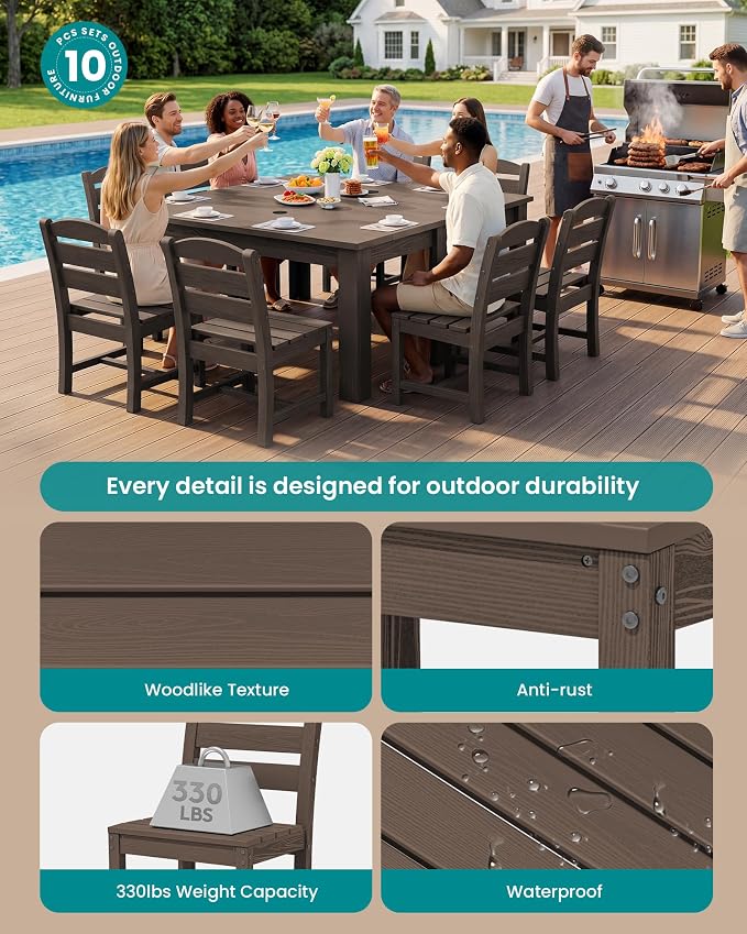 SERWALL 59" Patio Dining Set for 8, HDPE Dining Set, Coffee | Include 2 Rectangular Tables and 8 armless Chairs, All Weather Dining Sets for Garden, Backyard