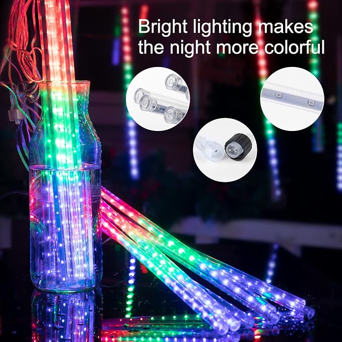 Brightown Meteor Shower Lights Outdoor, 16 Inches 16 Tubes 576 LED Icicle Lights, Waterproof Meteor Christmas Light, Hanging Falling Rain Light for Tree Holiday Party Christmas Decor, Multicolor
