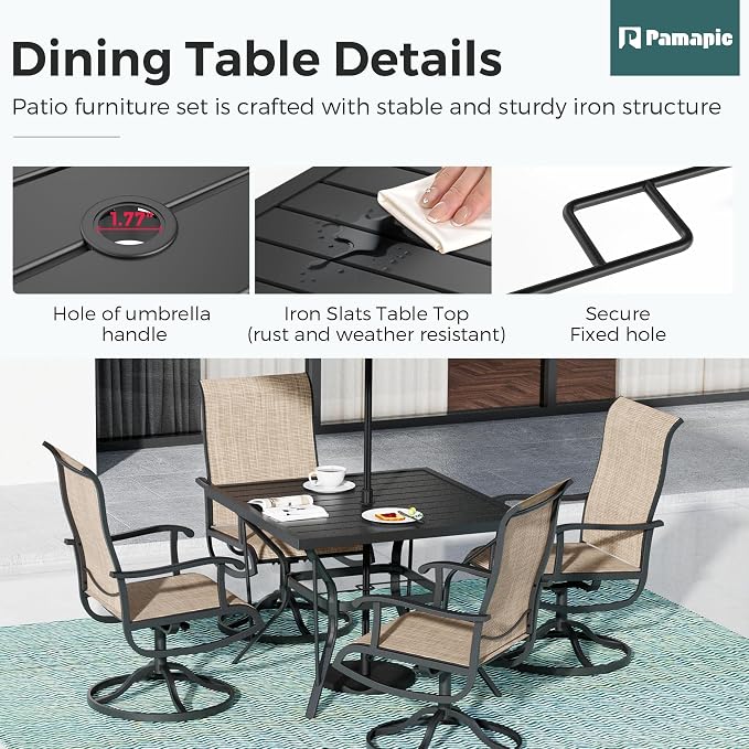 5-Piece Outdoor Dining Set, Patio Furniture Set with Textilene Swivel Chairs, Outdoor Table & 4 Chairs for Garden, Backyard, Poolside, Deck, Beige