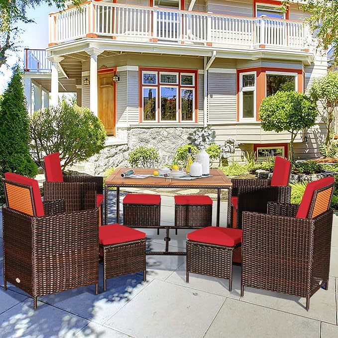 RELAX4LIFE 9-Piece Outdoor Dining Set - Patio Wicker Furniture Set w/Acacia Wood Tabletop, Soft Seat & Back Cushions, Dining Table & Chair Set for Backyard, Poolside (Red)