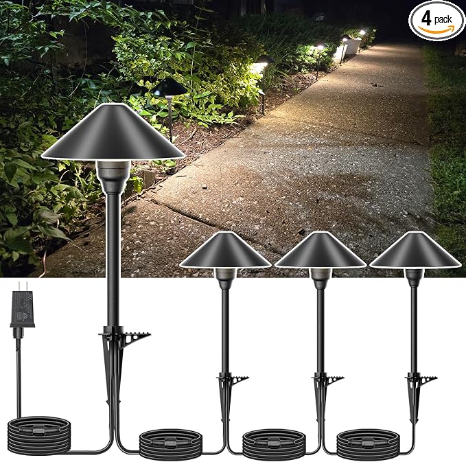 Low Voltage Pathway Lights with Transformer, 4H/6H/8H Cycle Timer | Plug and Play, Non-hardwired, Waterproof Low Voltage Landscape Lighting for Flower Bed Backyard Walkway Driveway, Set of 4