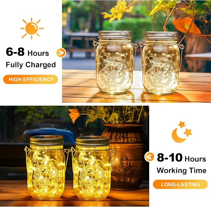 GIGALUMI Hanging Mason Jar Solar Lights, 6 Pack 30 Led Tinplate Lids | Hanging Solar Lanterns Outdoor Waterproof, Hangers and Jars Included, Outdoor Decor for Balcony, Garden, Patio, Yard, Wedding