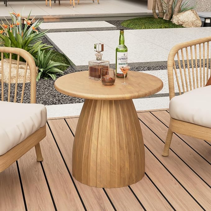 Metal Small Patio Table Set of 2, Round Outdoor Side Table, Wood Color Outdoor Accent Patio End Table, for Garden, Pool, Deck, Balcony, Yard, Living Room, Weather Resistant, No Assembly