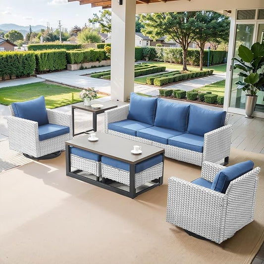 Belord 7 Piece Outdoor Furniture Patio Wicker Sofa Set, Oversize Outdoor Swivel Rocker Chairs with Rattan Ottomans, Conversation Sets Patio Furniture Come with Removable Cushion Blue, Light Grey