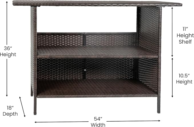 BizChair Indoor/Outdoor Patio Wicker Rattan Bar Counter Table with 2 Shelves, Brown