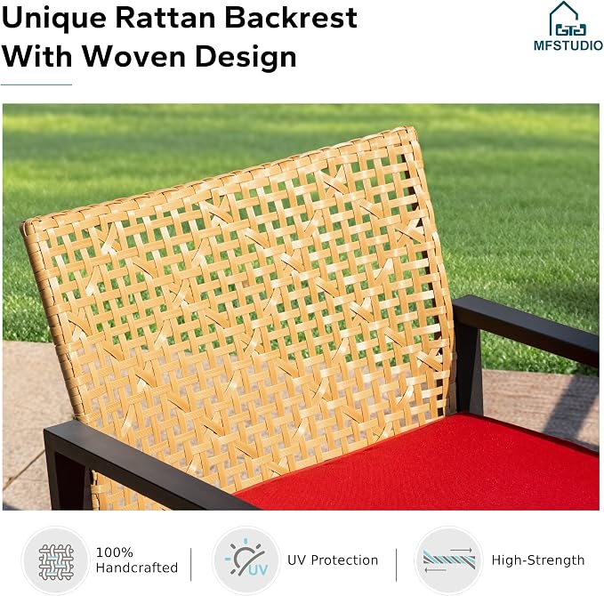 MFSTUDIO 4 Pieces Outdoor Patio Furniture Set, Outdoor Rattan Loveseat Furniture with Wood Table, Loveseat & Chairs, Small Patio Sectional Sofa Set for 4, Red