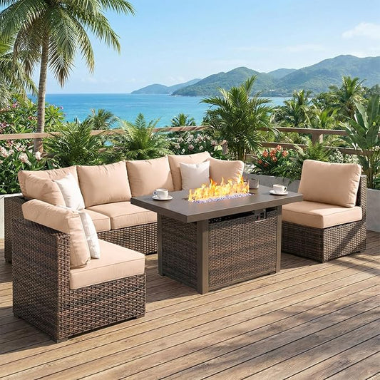 Grezone 7 Piece Patio Furniture Set with 44" Fire Pit Table, Outdoor Sectional Couch, PE Rattan Patio Conversation Sets with 4inch Cushions for Backyard Beige