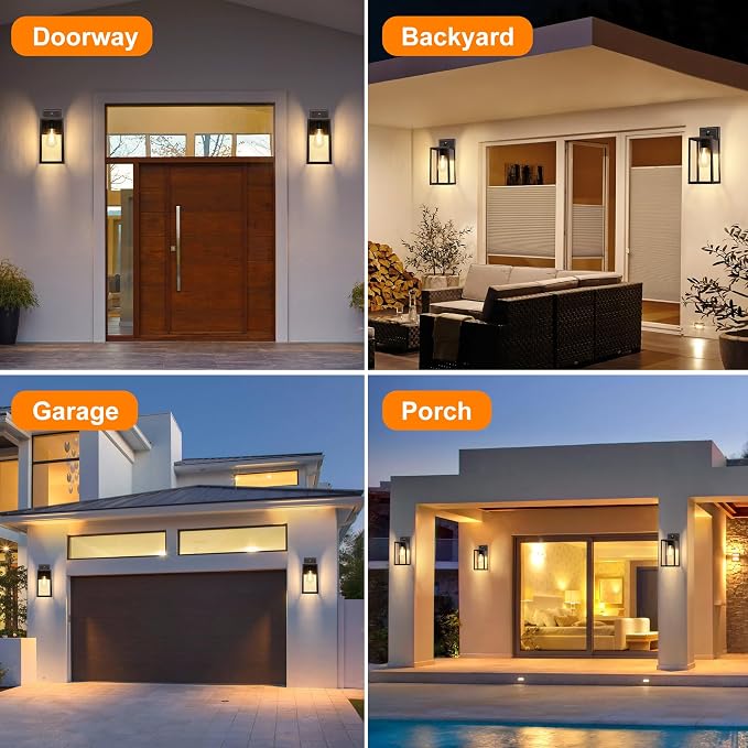 Black Exterior Light Fixtures Wall Mount with Gold Rim, Dusk to Dawn Outdoor Porch Lights Lamp, Sensor Wall Sconce, Waterproof Outdoor Lantern for House Doorway, Garage 2 Pack