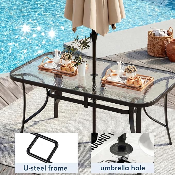 Arlopu 7-Piece Outdoor Table and Chairs for 6, Outdoor Dining Set W/Rectangle Glass Table and Patio Textilene Stackable Chairs, Patio Furniture Set W/Umbrella Hole (Black Table & Sky Blue Chair)