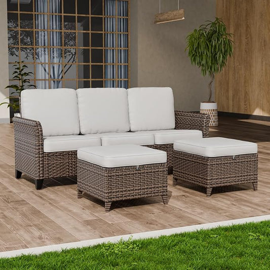COOS BAY Harbor Retreat 3 Piece Outdoor Furniture Set, Patio Conversation Set with 3 Seat Couch and Ottomans, Wicker Furniture, Brown/Beige