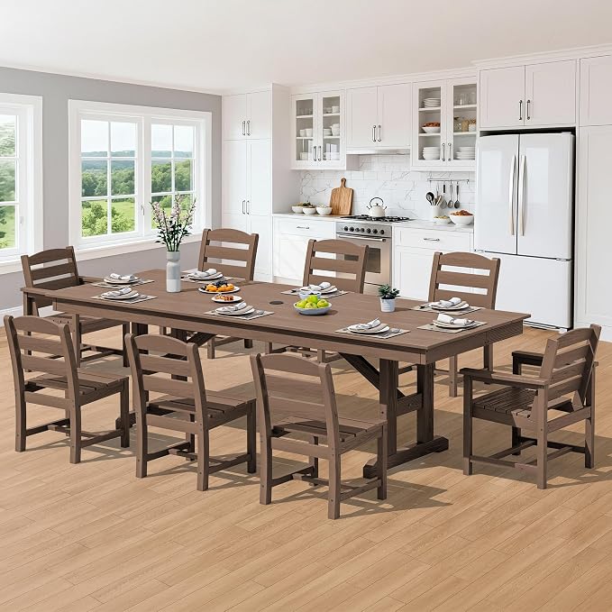 SERWALL 9 Piece Outdoor Dining Set, 84" HDPE Outdoor Table with 6 Armless Chairs and 2 Armchairs ，All Weather Patio Dining Furniture Set with Umbrella Hole for Backyard, Garden, Brown